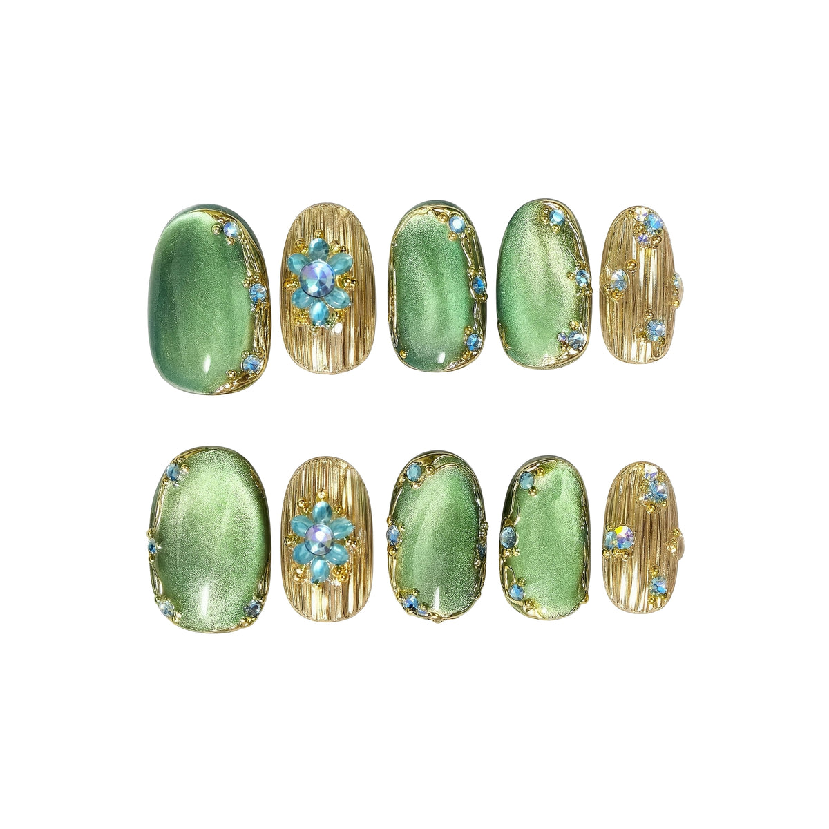 Emerald Cat Eye Gold Texture Blue Rhinestone Floral Press-On Nails