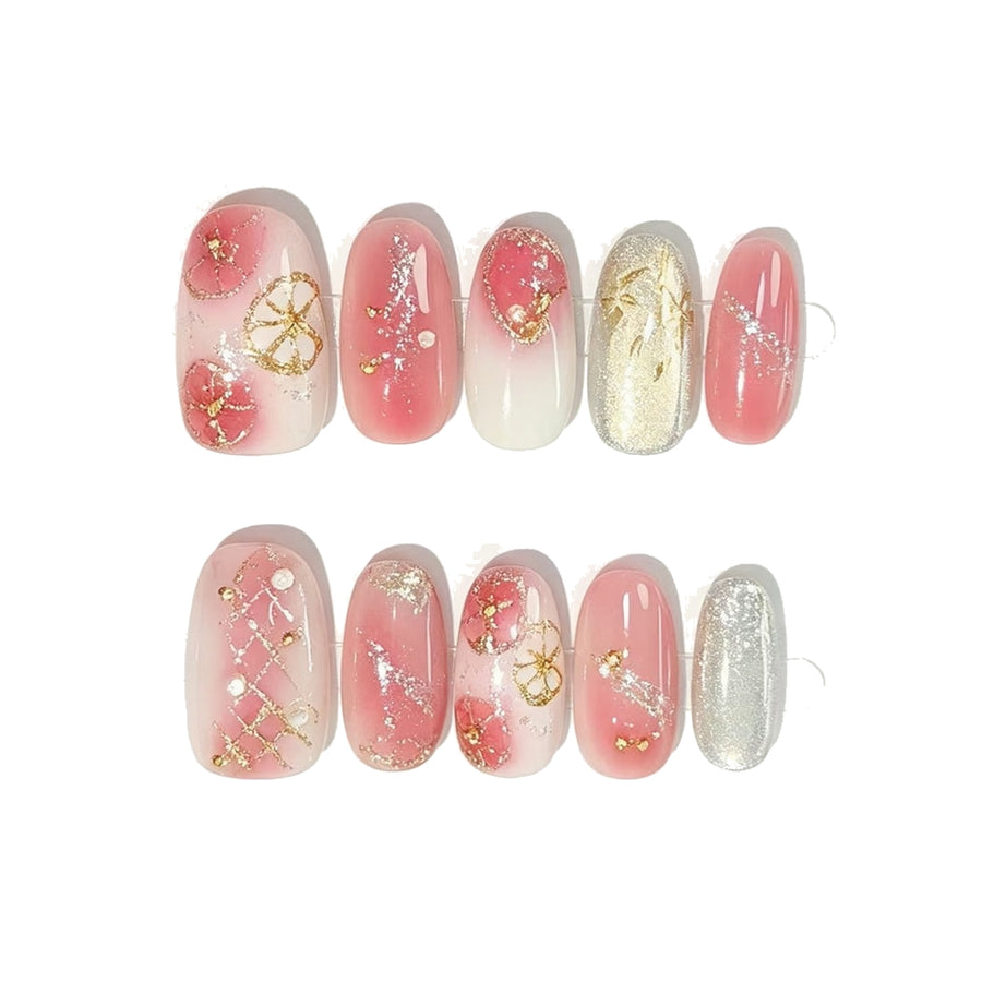 Pink Aura Gold Foil Pearl Square Press-On Nails