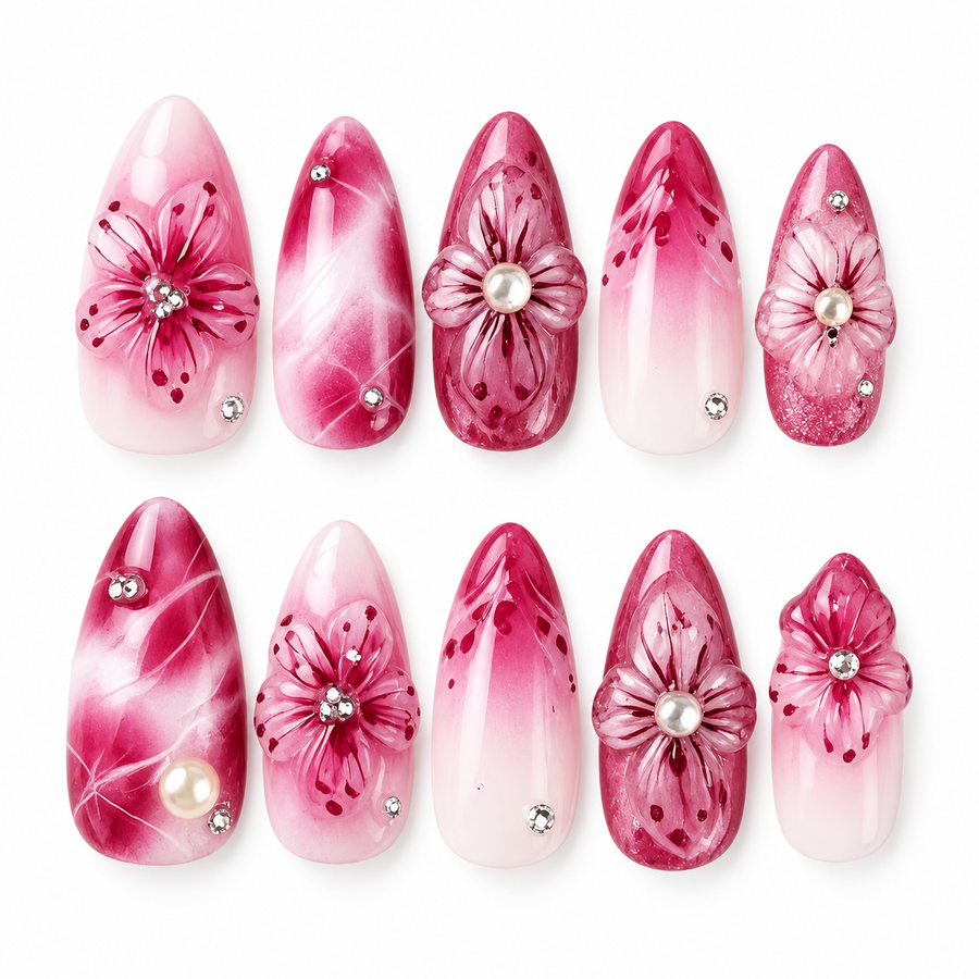 Rose Red Aura Floral Press-On Nails