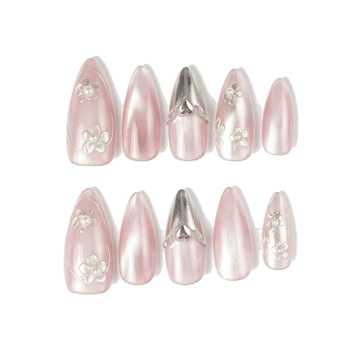 Pink Silver Cat Eye Heart Floral Press-On Nails