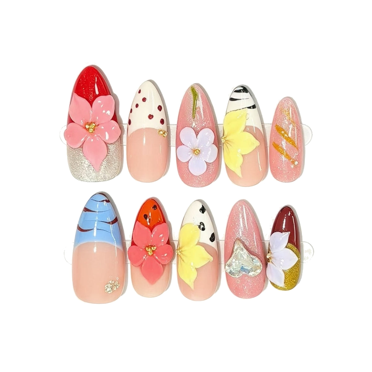 Pink & Blue Floral Heart Rhinestone Press-On Nails