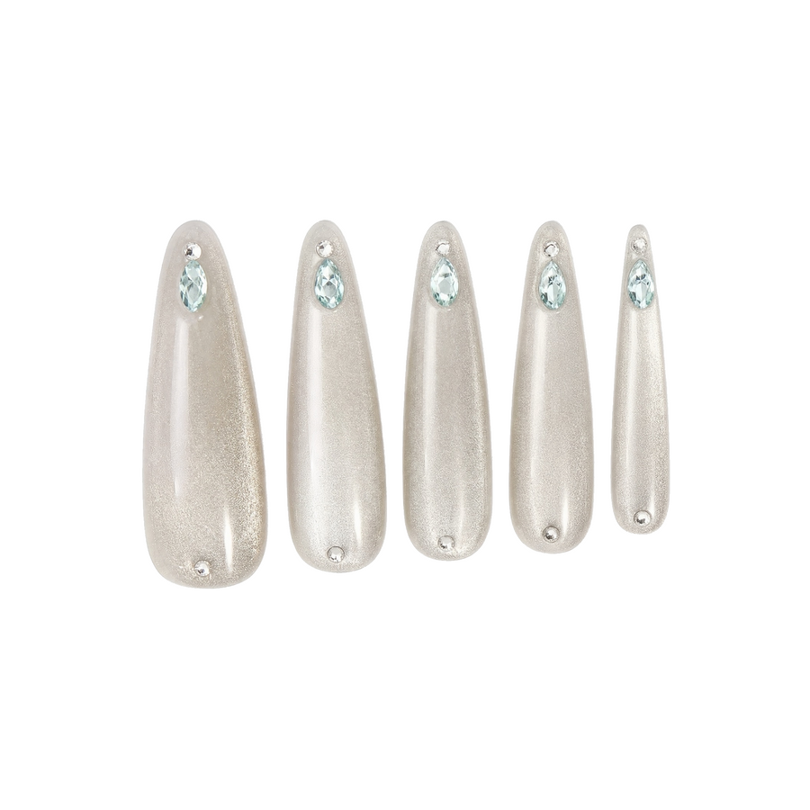 Gray Cat Eye Blue Rhinestone Almond Press-On Nails