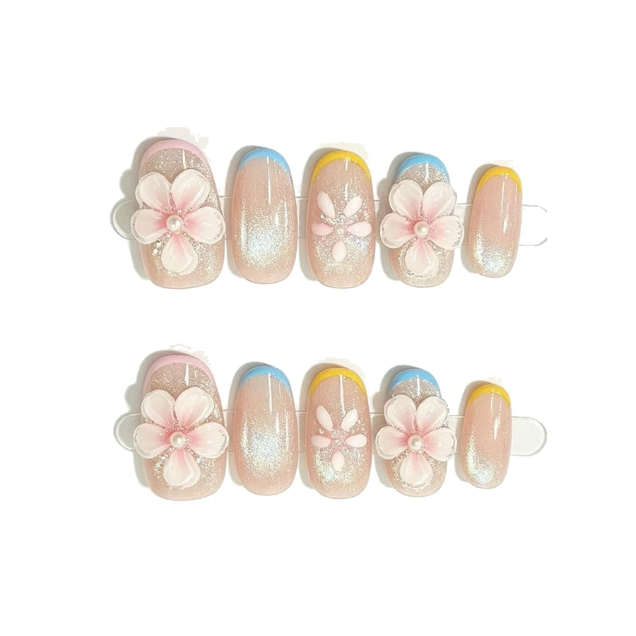 Pearl Floral Three-Tone Squoval Press-On Nails