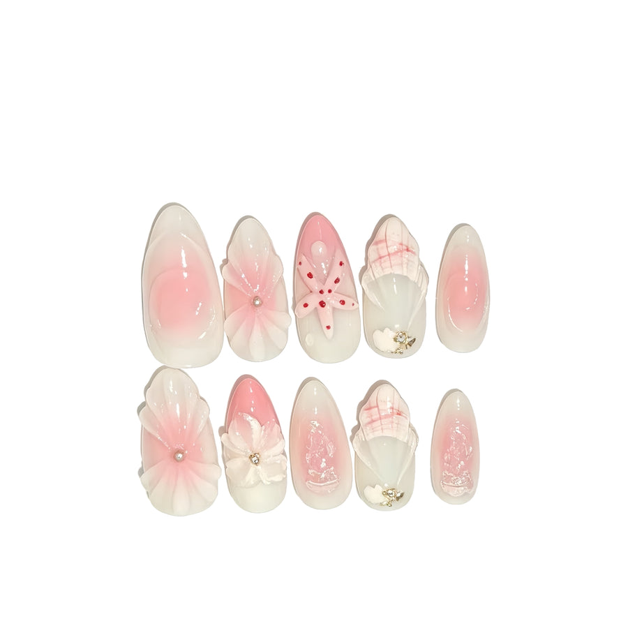 Nude Pink Shell Floral Starfish Press-On Nails