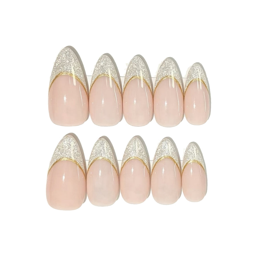 Silver Glitter Gold French Almond Press-On Nails
