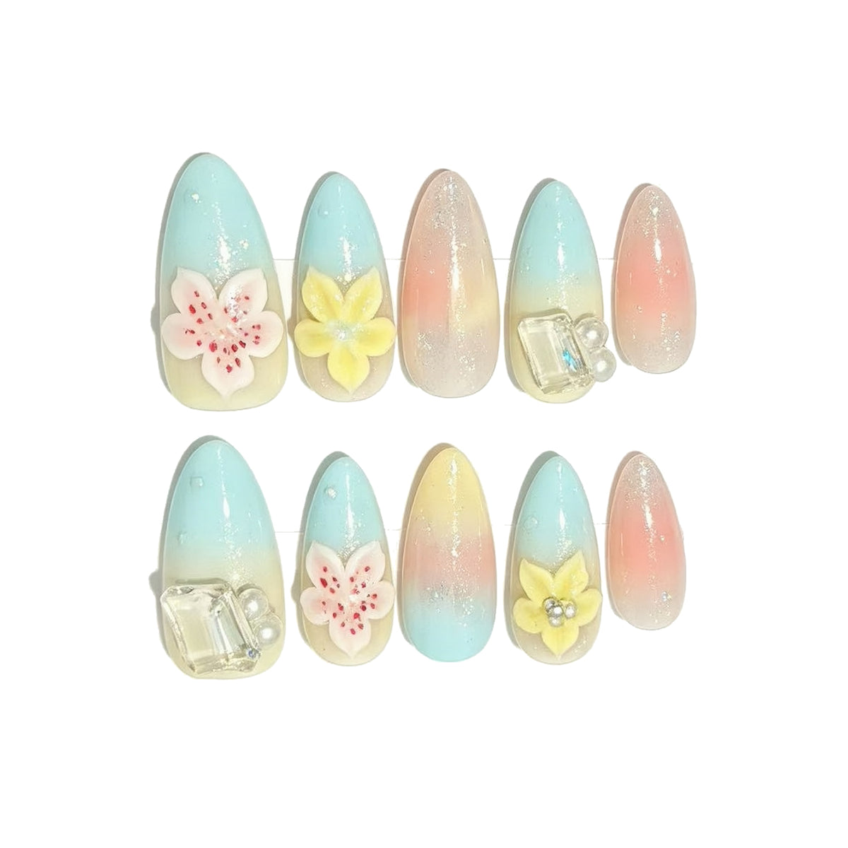 Icy Blue Yellow Floral Rhinestone Press-On Nails