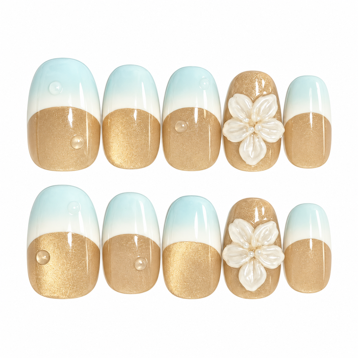 Nude Blue French Floral Short Square Press-On Nails