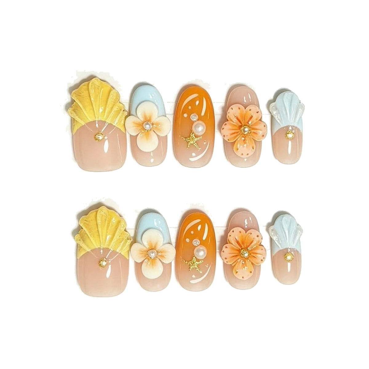 Yellow Blue Floral Short Square Press-On Nails