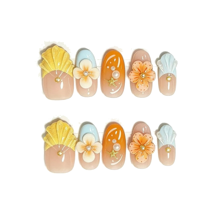 Yellow Blue Floral Short Square Press-On Nails