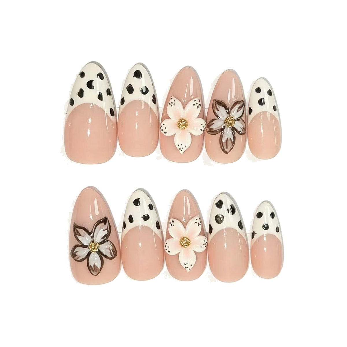 Nude Polka Dot French Floral Almond Press-On Nails