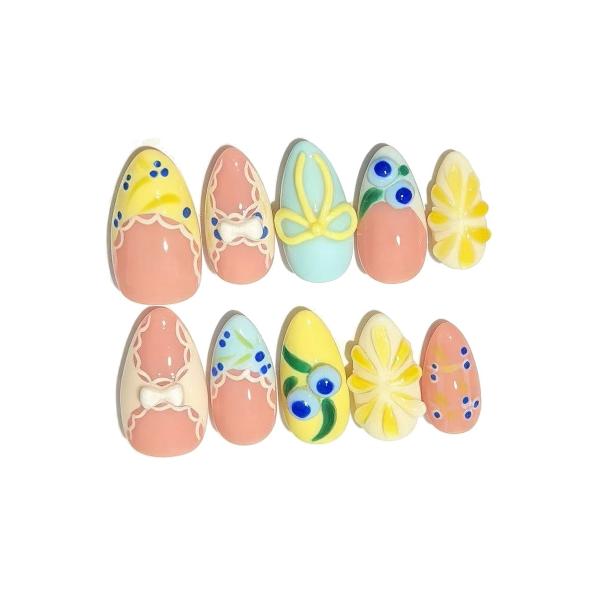 Pink Blue Yellow Berry Floral Press-On Nails