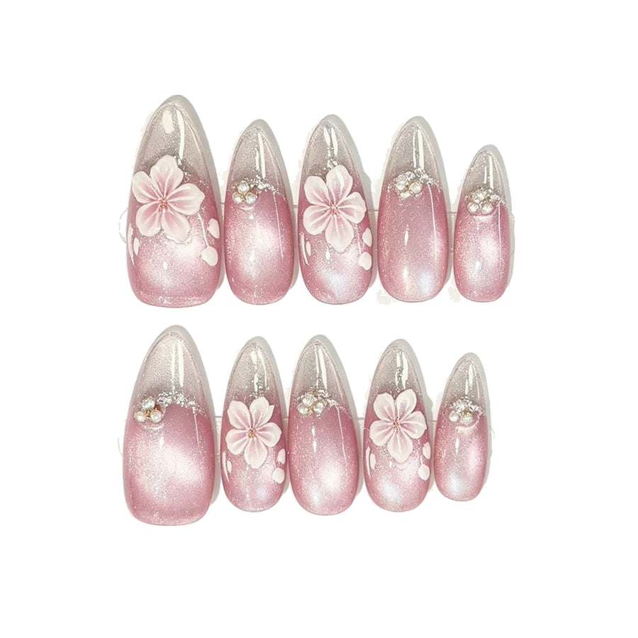 Pink Silver Cat Eye Heart Floral Press-On Nails