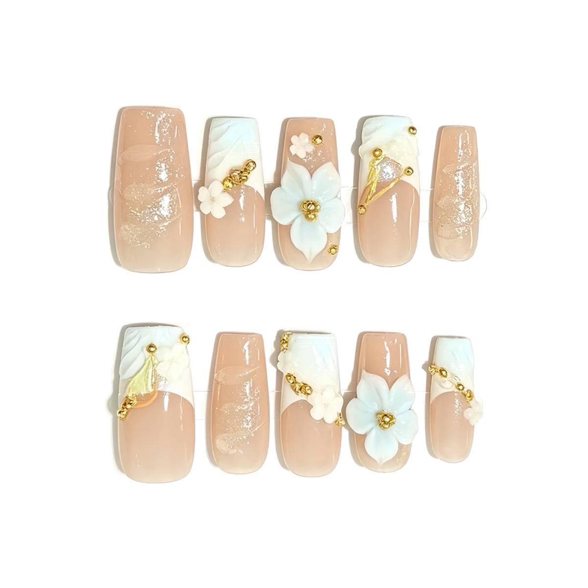 Nude White French Floral Square Press-On Nails