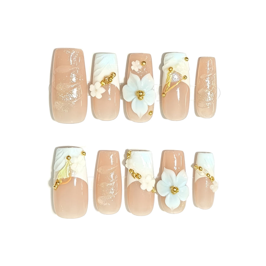 Nude White French Floral Square Press-On Nails