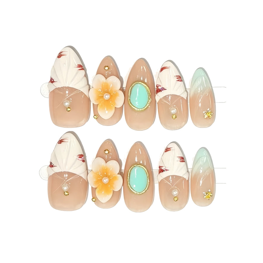 Nude Floral Gem Pearl Almond Press-On Nails