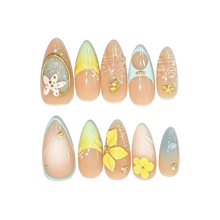 Warm Apricot Floral Pearl Press-On Nails