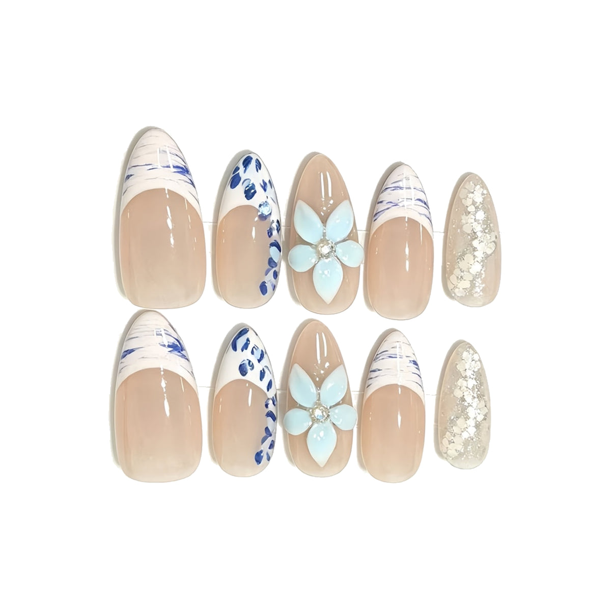 Nude White French Floral Pearl Press-On Nails