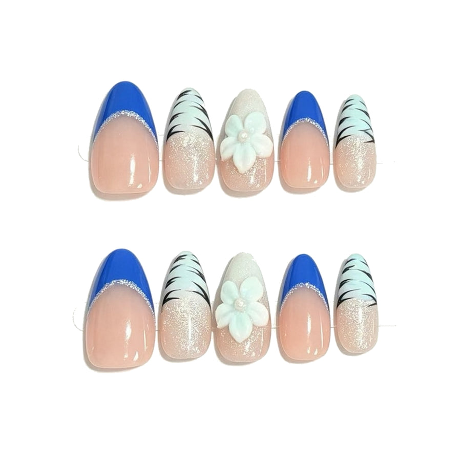 Royal Blue Zebra Floral Almond Press-On Nails