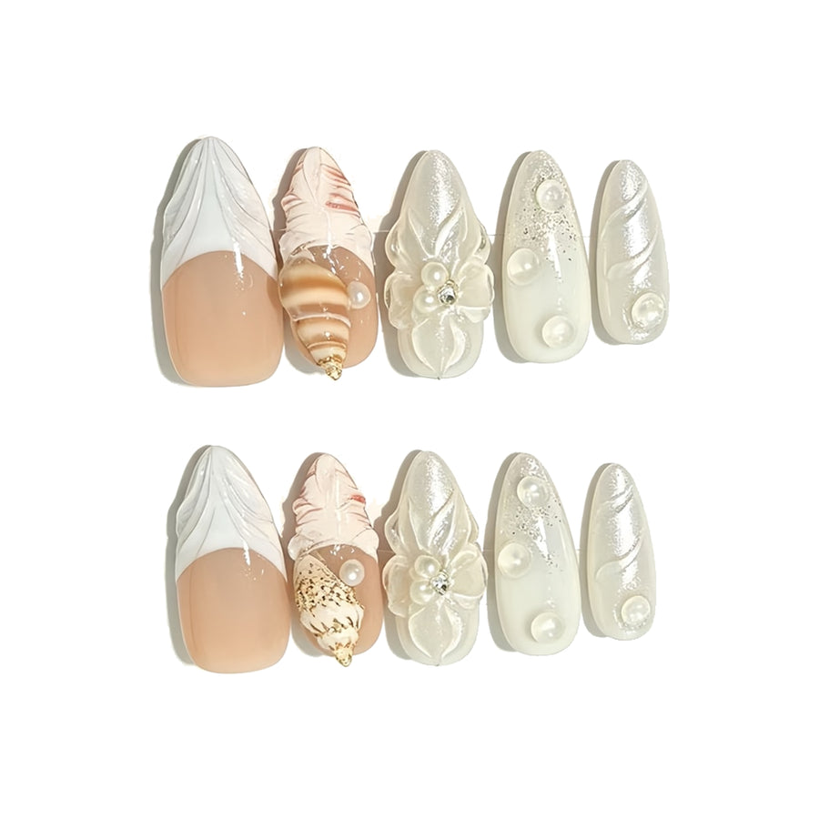 Nude White French Conch Floral Press-On Nails