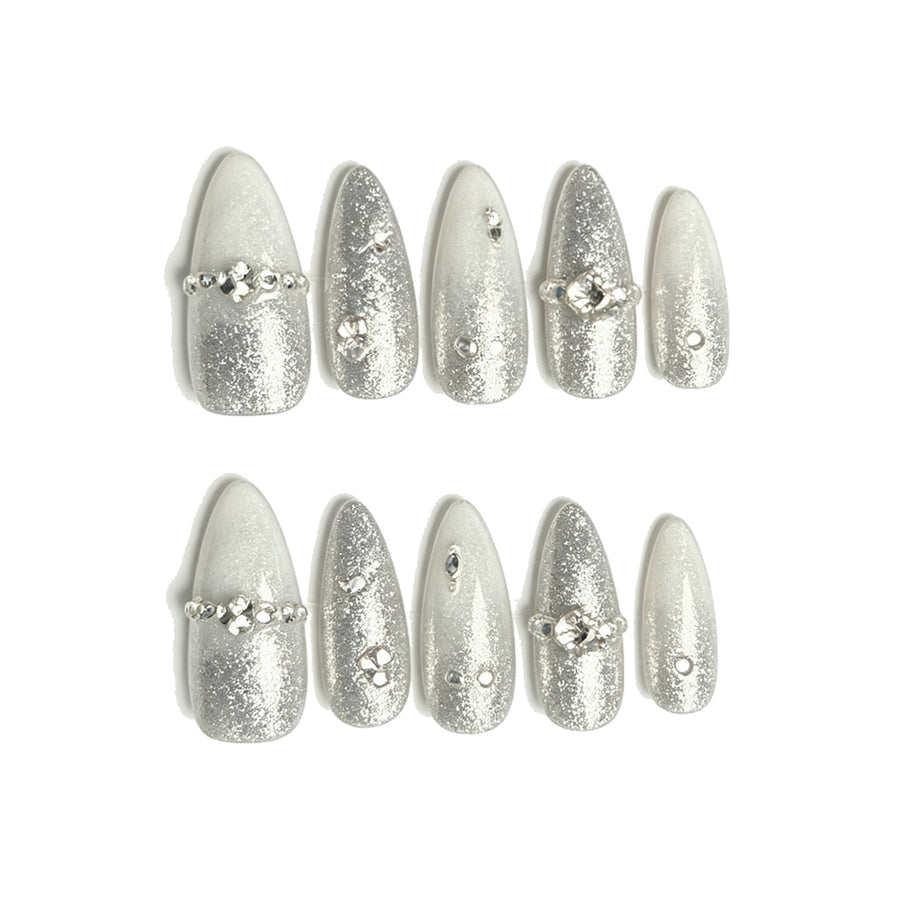 Silver Glitter Pearl Rhinestone Press-On Nails