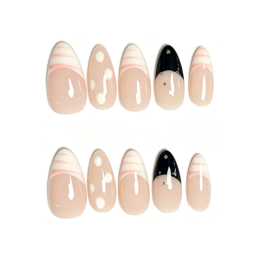 Nude French Black White Polka Dot Press-On Nails