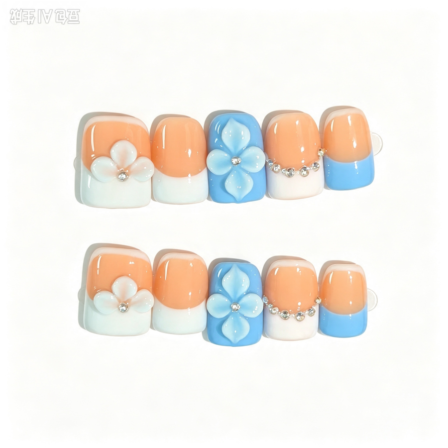 蓝白法式立体花朵款