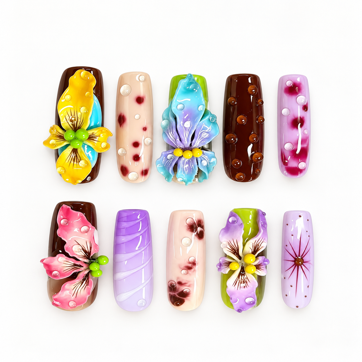 Colorful 3D Sculpted Floral Press-On Nails
