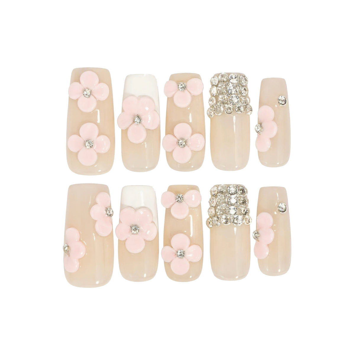 Nude Pink Floral Rhinestone Square Press-On Nails