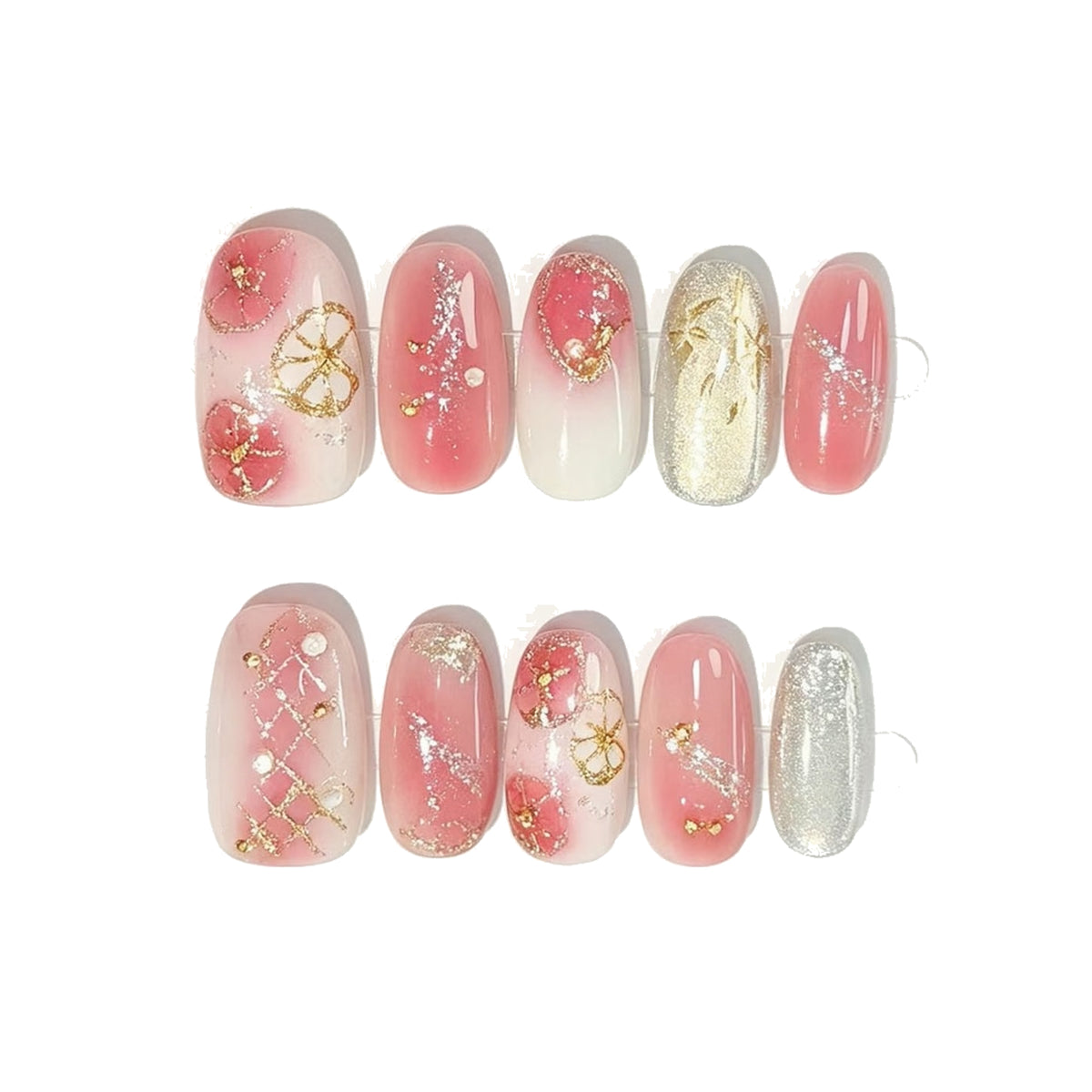 Pink Aura Gold Foil Pearl Square Press-On Nails