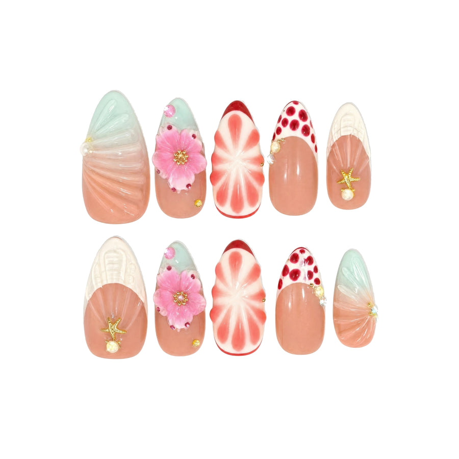 Starfish, Shell & Watermelon Almond Press-On Nails