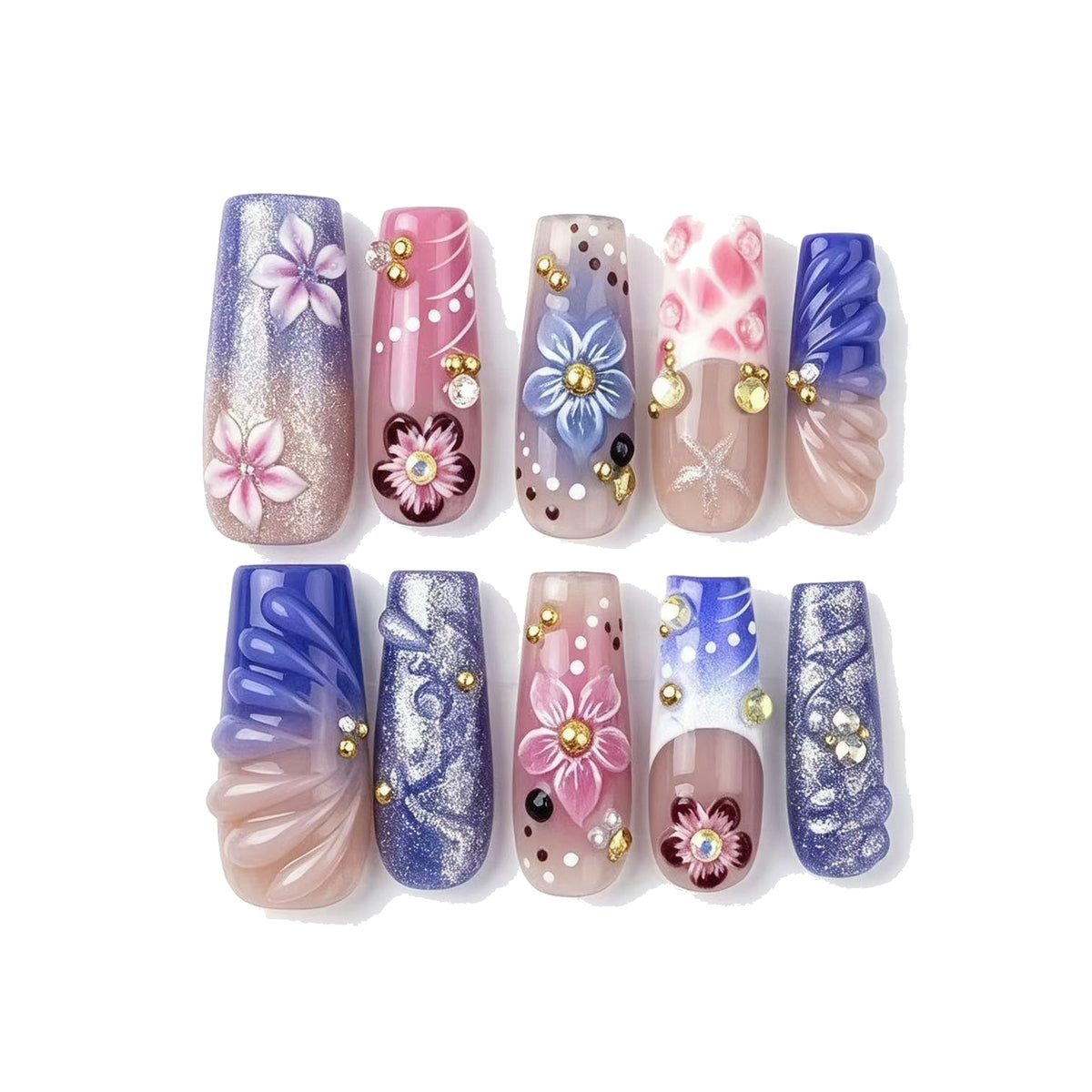 Sea Blue Floral Wave Square Press-On Nails
