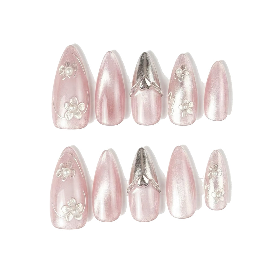 Pink Silver Cat Eye Heart Floral Press-On Nails