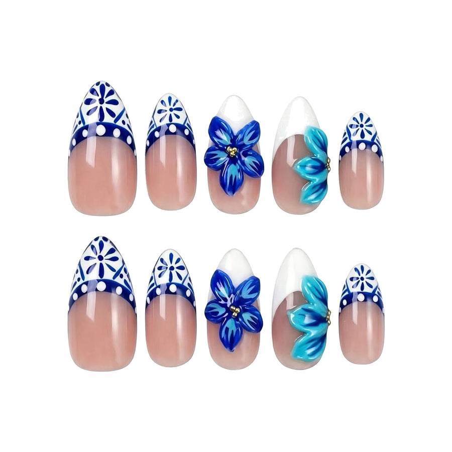 Blue and White Porcelain Press-On Nails