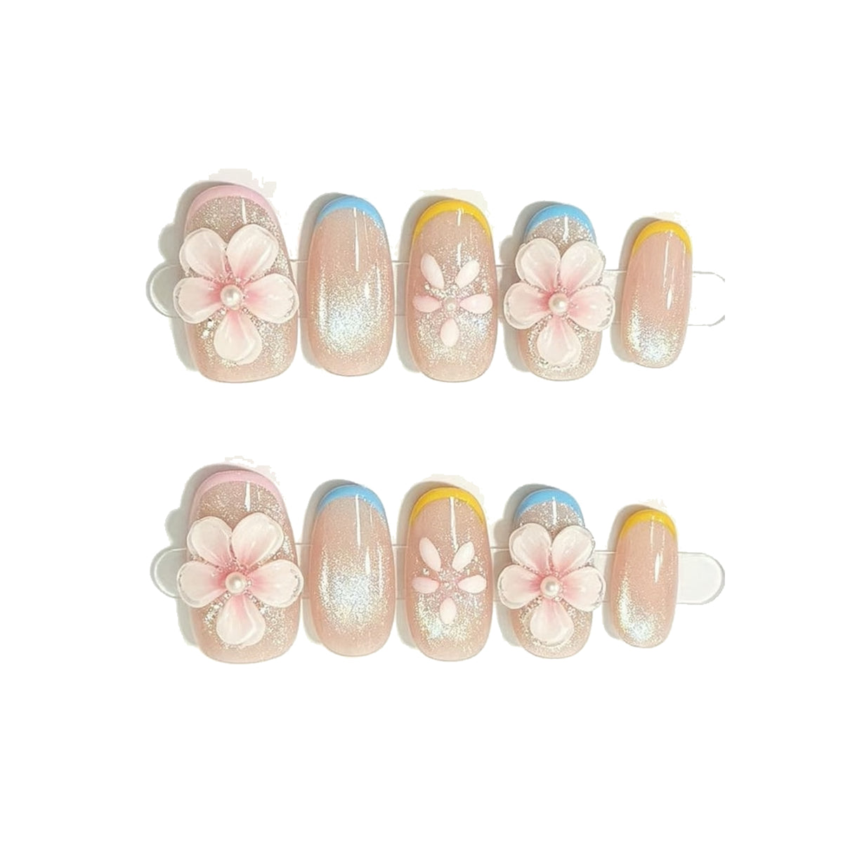 Pearl Floral Three-Tone Squoval Press-On Nails