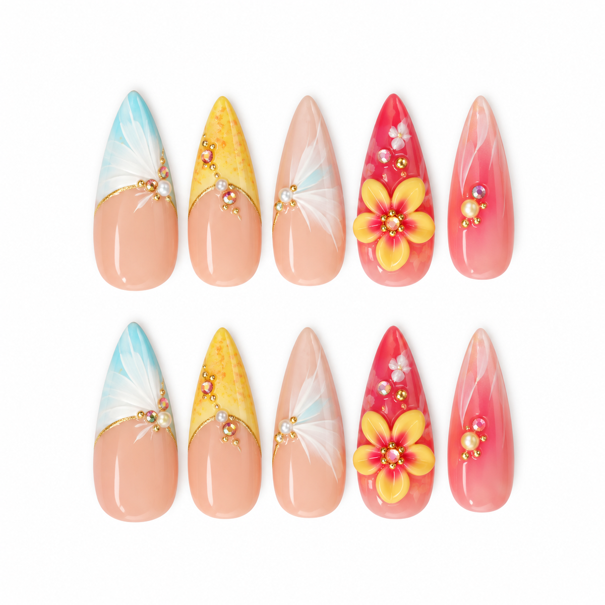 Red-Orange Plumeria Long Almond Press-On Nails