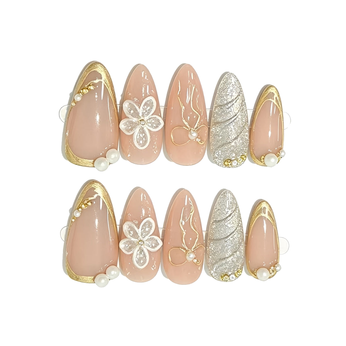 Nude Pink Lace Floral Bow Almond Press-On Nails