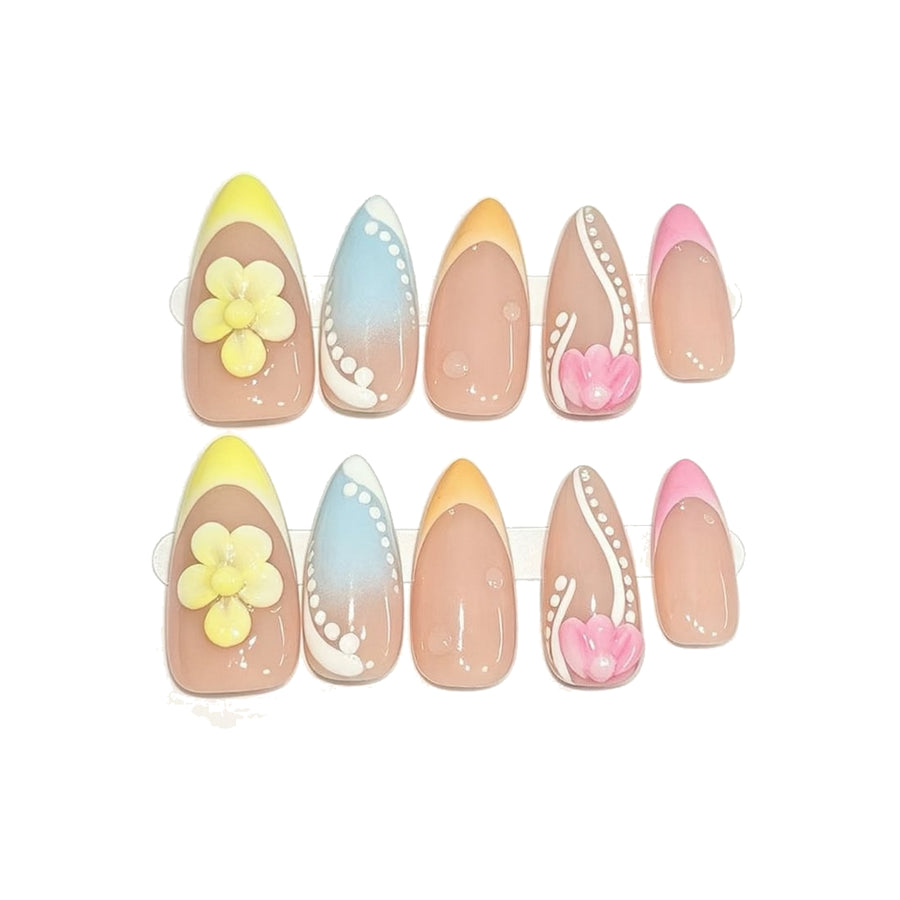 Color-Block French Yellow Floral Almond Press-On Nails