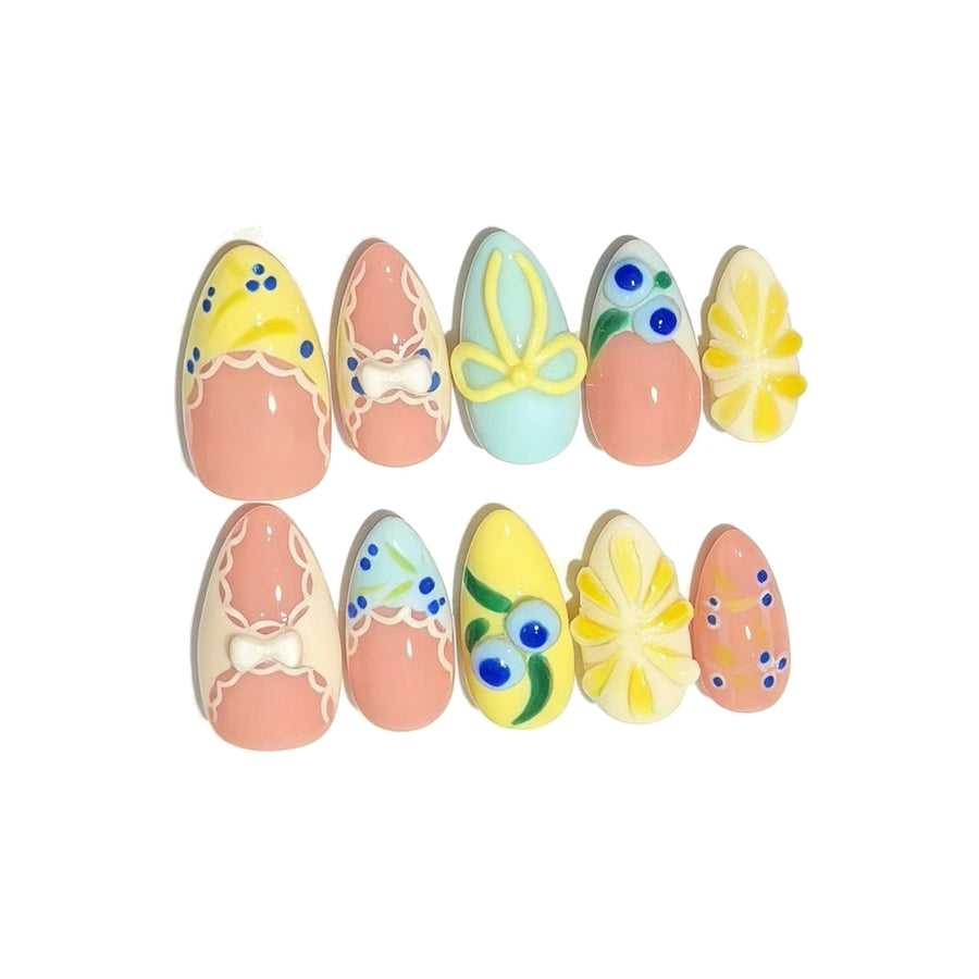 Pink Blue Yellow Berry Floral Press-On Nails