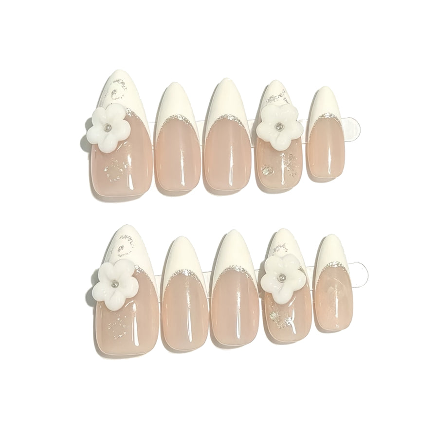 Nude Pink French White Floral Press-On Nails