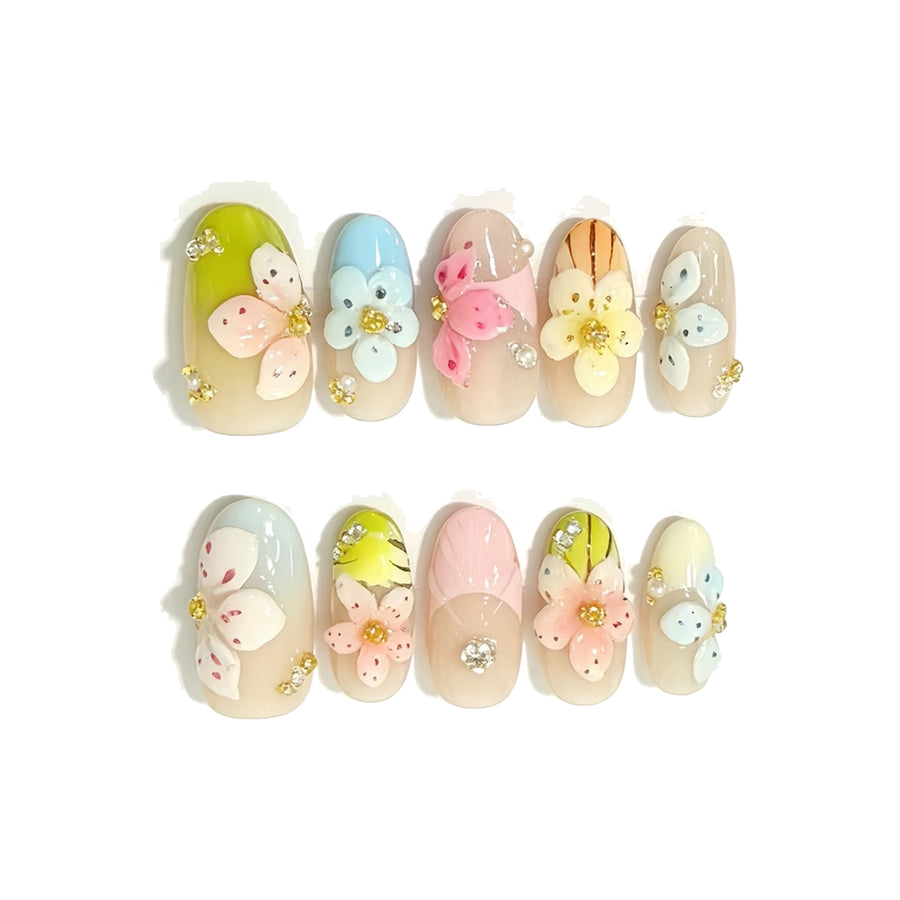 Nude Color-Block Floral Pearl Press-On Nails