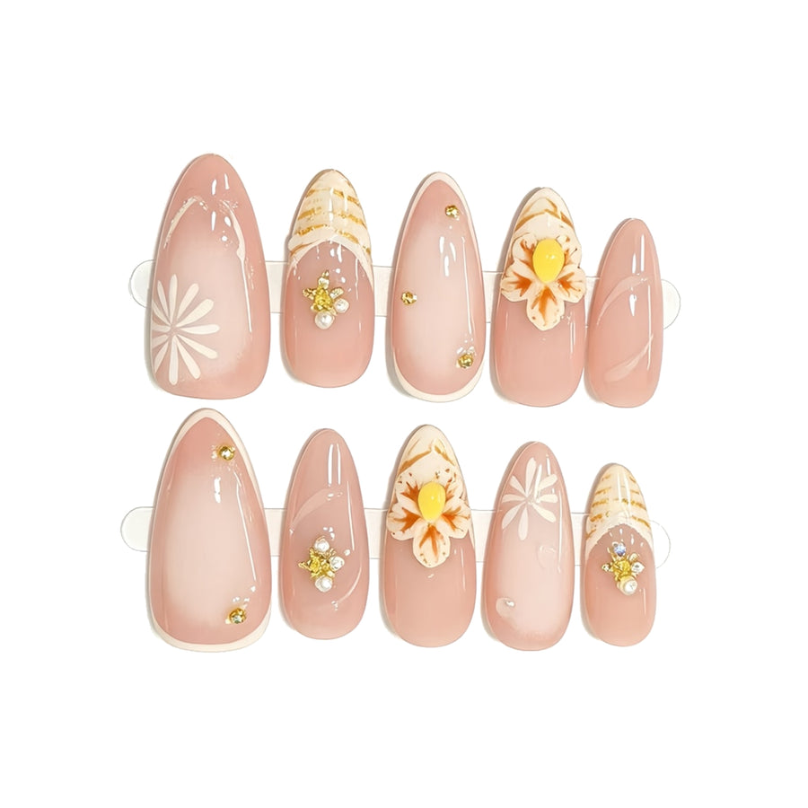Nude Pink French Floral Pearl Press-On Nails