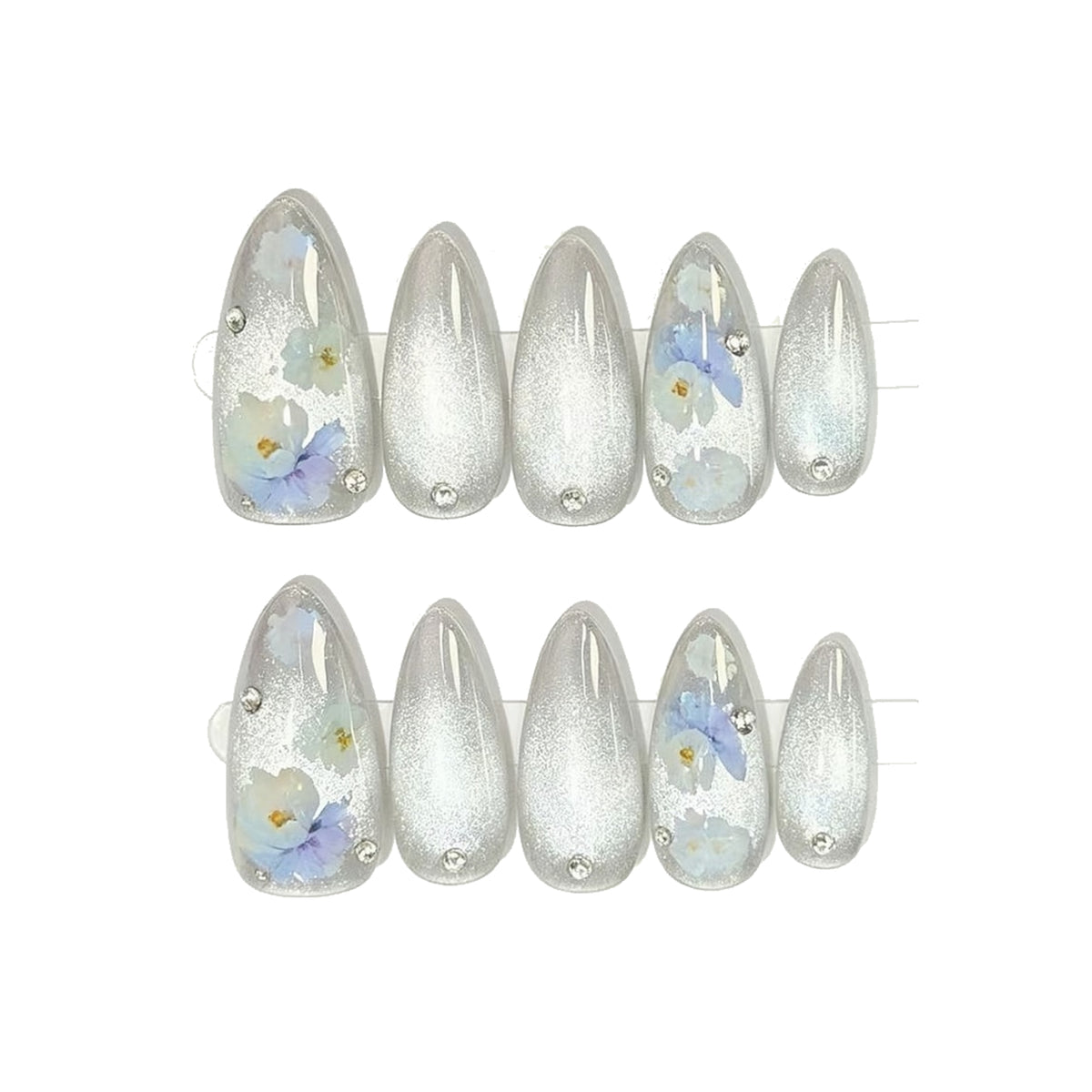 Silver Glitter Floral Rhinestone Press-On Nails