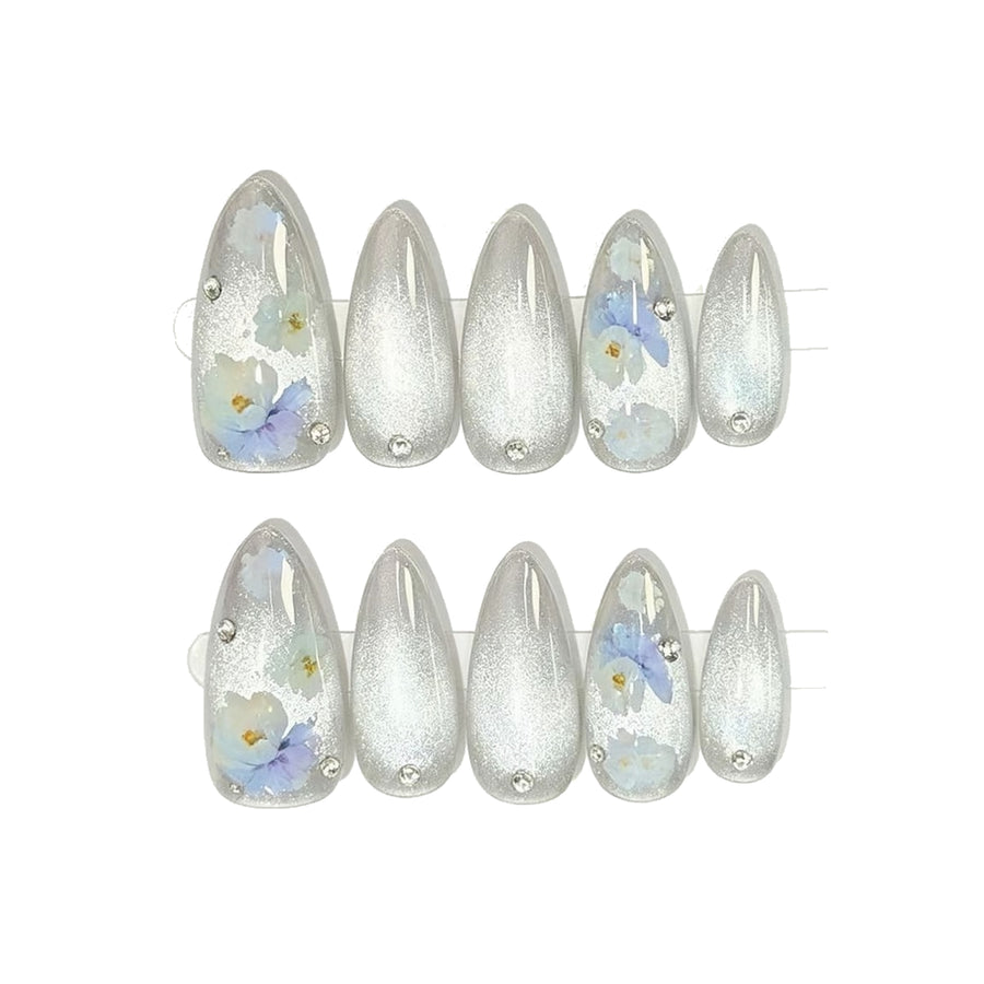 Silver Glitter Floral Rhinestone Press-On Nails