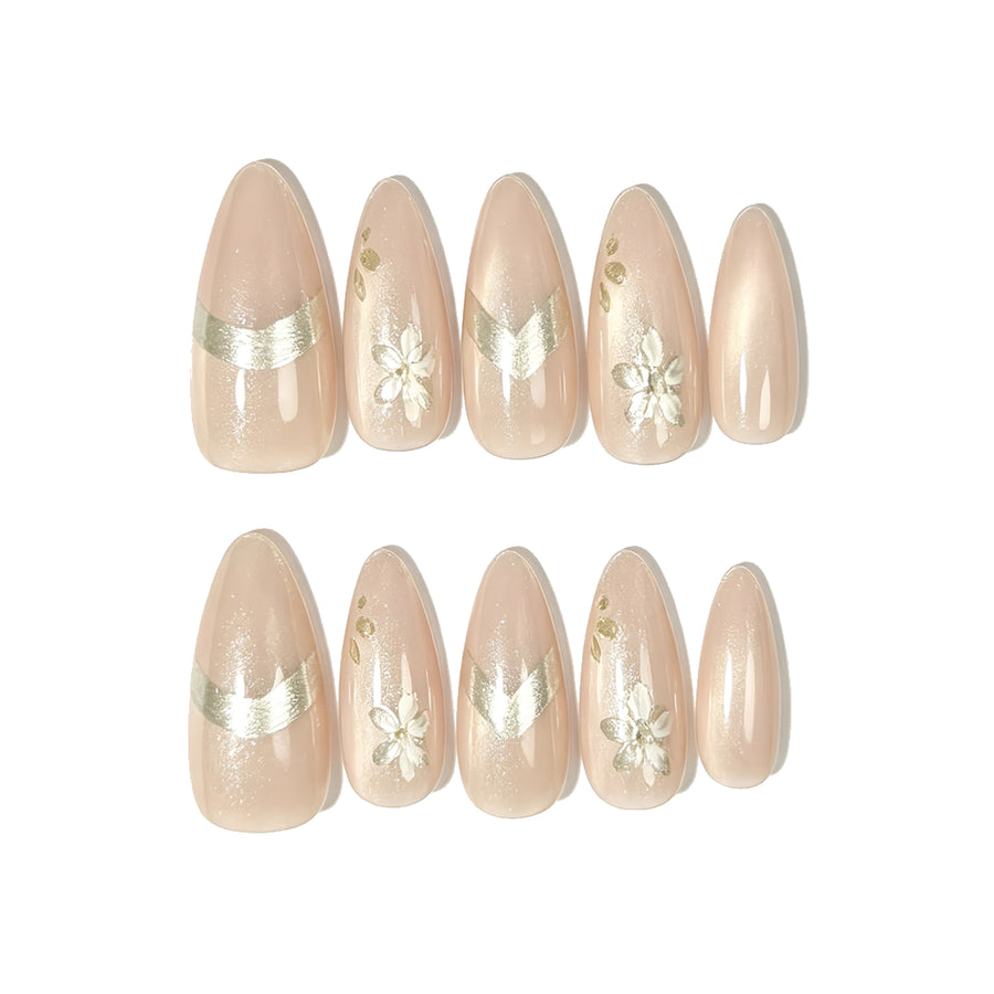 Nude Pink Silver Floral Almond Press-On Nails