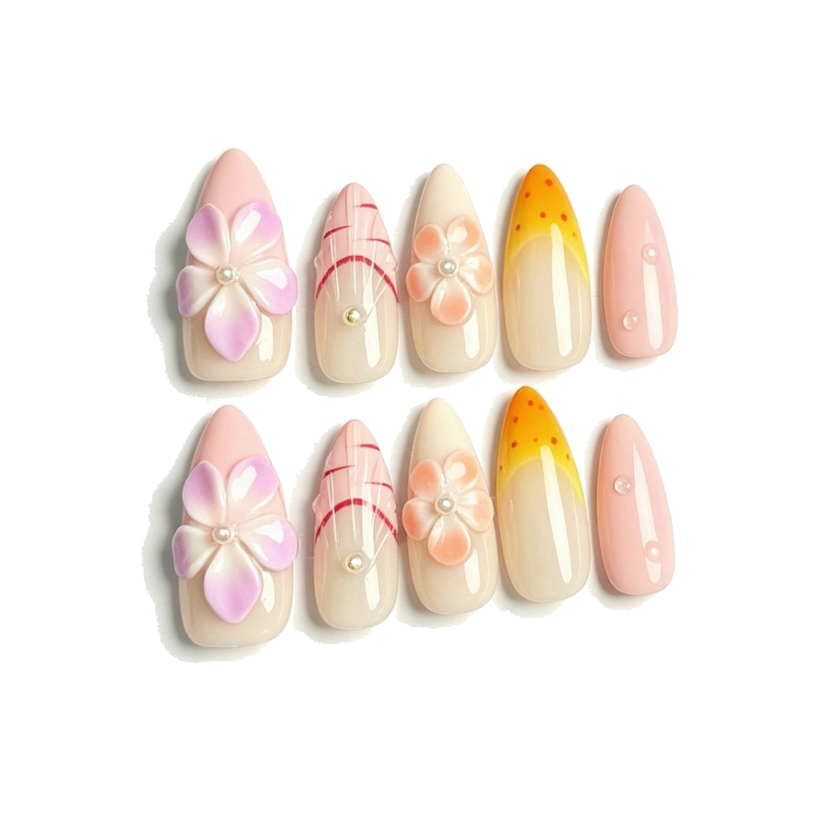 Pink Yellow Floral Pearl Almond Press-On Nails