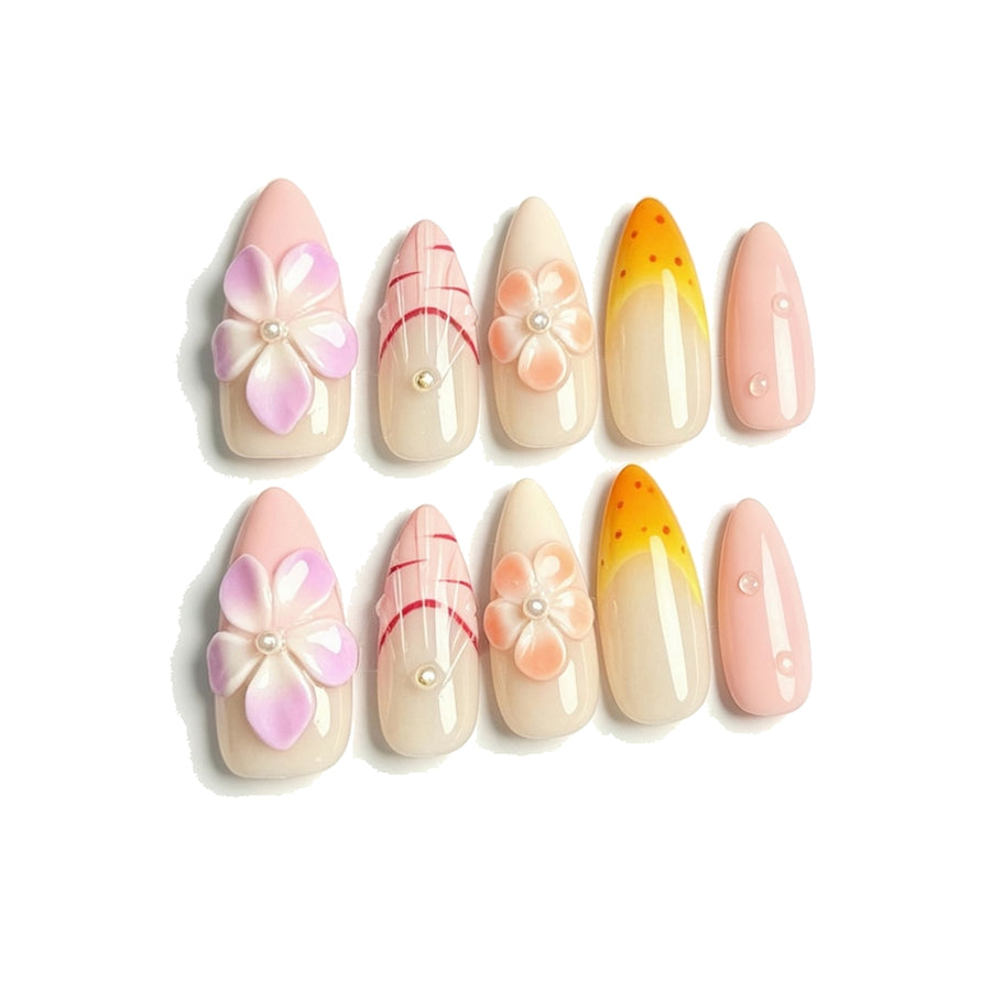 Pink Yellow Floral Pearl Almond Press-On Nails