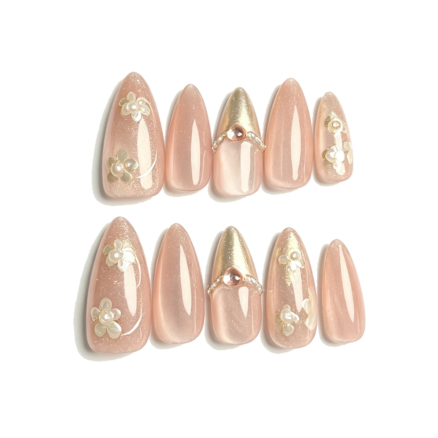 Nude Pink Cat Eye Floral Almond Press-On Nails